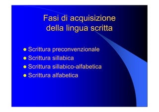 Fasi di acquisizione Fasi di acquisizione 
della lingua scritta della lingua scritta 
l Scrittura preconvenzionale 
l Scrittura sillabica 
l Scrittura sillabico­alfabetica 
l Scrittura alfabetica
 