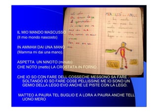 IL MIO MANDO MASCUSSO 
(Il mio mondo nascosto) 
IN AMMAM DAI UNA MANO 
(Mamma mi dai una mano). 
ASPETTA  UN NINOTO (minuto) 
CHE NOTO (metto) LA CROSTATA IN FORNO. 
CHE IO SO CON FARE DELL COSSECHE MESSONO SA FARE . 
SOLTANDO IO SO FARE COSE PELLISSINE ME IO SONO UN 
GEMIO DELLA LEGO EVO ANCHE LE PISTE CON LA LEGO. 
MATTEO A PAURA TEL BUGLIO E A LORA A PAURA ANCHE TELL 
UONO MERO
 
