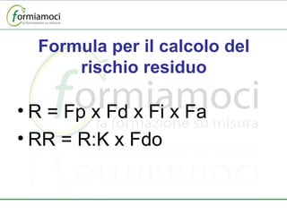 Formula per il calcolo del rischio residuo R = Fp x Fd x Fi x Fa RR = R:K x Fdo 