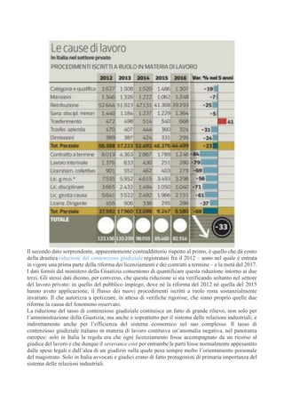 Il secondo dato sorprendente, apparentemente contraddittorio rispetto al primo, è quello che dà conto
della drastica riduzione del contenzioso giudiziale registratasi fra il 2012 – anno nel quale è entrata
in vigore una prima parte della riforma dei licenziamenti e dei contratti a termine – e la metà del 2017.
I dati forniti dal ministero della Giustizia consentono di quantificare questa riduzione intorno ai due
terzi. Gli stessi dati dicono, per converso, che questa riduzione si sta verificando soltanto nel settore
del lavoro privato: in quello del pubblico impiego, dove né la riforma del 2012 né quella del 2015
hanno avuto applicazione, il flusso dei nuovi procedimenti iscritti a ruolo resta sostanzialmente
invariato. Il che autorizza a ipotizzare, in attesa di verifiche rigorose, che siano proprio quelle due
riforme la causa del fenomeno osservato.
La riduzione del tasso di contenzioso giudiziale costituisce un fatto di grande rilievo, non solo per
l’amministrazione della Giustizia, ma anche e soprattutto per il sistema delle relazioni industriali; e
indirettamente anche per l’efficienza del sistema economico nel suo complesso. Il tasso di
contenzioso giudiziale italiano in materia di lavoro costituiva un’anomalia negativa, nel panorama
europeo: solo in Italia la regola era che ogni licenziamento fosse accompagnato da un ricorso al
giudice del lavoro e che dunque il severance cost per entrambe le parti fosse normalmente appesantito
dalle spese legali e dall’alea di un giudizio sulla quale pesa sempre molto l’orientamento personale
del magistrato. Solo in Italia avvocati e giudici erano di fatto protagonisti di primaria importanza del
sistema delle relazioni industriali.
 