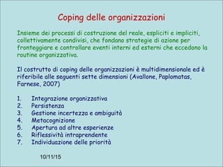 10/11/15
Coping delle organizzazioni
Insieme dei processi di costruzione del reale, espliciti e impliciti,
collettivamente condivisi, che fondano strategie di azione per
fronteggiare e controllare eventi interni ed esterni che eccedono la
routine organizzativa.
Il costrutto di coping delle organizzazioni è multidimensionale ed è
riferibile alle seguenti sette dimensioni (Avallone, Paplomatas,
Farnese, 2007)
1. Integrazione organizzativa
2. Persistenza
3. Gestione incertezza e ambiguità
4. Metacognizione
5. Apertura ad altre esperienze
6. Riflessività intraprendente
7. Individuazione delle priorità
 