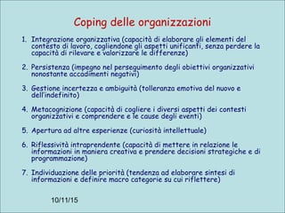 10/11/15
Coping delle organizzazioni
1. Integrazione organizzativa (capacità di elaborare gli elementi del
contesto di lavoro, cogliendone gli aspetti unificanti, senza perdere la
capacità di rilevare e valorizzare le differenze)
2. Persistenza (impegno nel perseguimento degli obiettivi organizzativi
nonostante accadimenti negativi)
3. Gestione incertezza e ambiguità (tolleranza emotiva del nuovo e
dell’indefinito)
4. Metacognizione (capacità di cogliere i diversi aspetti dei contesti
organizzativi e comprendere e le cause degli eventi)
5. Apertura ad altre esperienze (curiosità intellettuale)
6. Riflessività intraprendente (capacità di mettere in relazione le
informazioni in maniera creativa e prendere decisioni strategiche e di
programmazione)
7. Individuazione delle priorità (tendenza ad elaborare sintesi di
informazioni e definire macro categorie su cui riflettere)
 