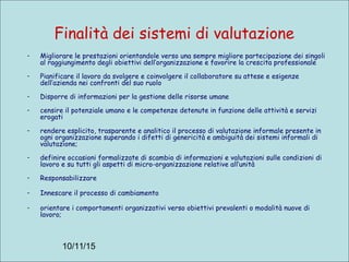 10/11/15
Finalità dei sistemi di valutazione
- Migliorare le prestazioni orientandole verso una sempre migliore partecipazione dei singoli
al raggiungimento degli obiettivi dell’organizzazione e favorire la crescita professionale
- Pianificare il lavoro da svolgere e coinvolgere il collaboratore su attese e esigenze
dell’azienda nei confronti del suo ruolo
- Disporre di informazioni per la gestione delle risorse umane
- censire il potenziale umano e le competenze detenute in funzione delle attività e servizi
erogati
- rendere esplicito, trasparente e analitico il processo di valutazione informale presente in
ogni organizzazione superando i difetti di genericità e ambiguità dei sistemi informali di
valutazione;
- definire occasioni formalizzate di scambio di informazioni e valutazioni sulle condizioni di
lavoro e su tutti gli aspetti di micro-organizzazione relative all’unità
- Responsabilizzare
- Innescare il processo di cambiamento
- orientare i comportamenti organizzativi verso obiettivi prevalenti o modalità nuove di
lavoro;
 