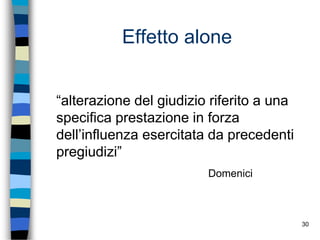 30
Effetto alone
“alterazione del giudizio riferito a una
specifica prestazione in forza
dell’influenza esercitata da precedenti
pregiudizi”
Domenici
 