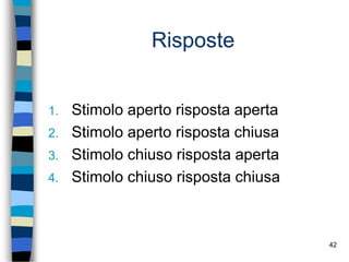 42
Risposte
1. Stimolo aperto risposta aperta
2. Stimolo aperto risposta chiusa
3. Stimolo chiuso risposta aperta
4. Stimolo chiuso risposta chiusa
 