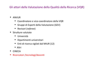 Gli attori della Valutazione della Qualità della Ricerca (VQR)


 ANVUR
     Coordinatore e vice-coordinatore della VQR
...