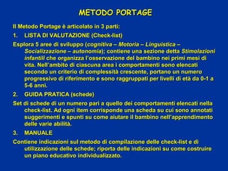 METODO PORTAGEMETODO PORTAGE
Il Metodo Portage è articolato in 3 parti:Il Metodo Portage è articolato in 3 parti:
1.1. LISTA DI VALUTAZIONE (Check-list)LISTA DI VALUTAZIONE (Check-list)
Esplora 5 aree di sviluppo (Esplora 5 aree di sviluppo (cognitiva – Motoria – Linguistica –cognitiva – Motoria – Linguistica –
Socializzazione – autonomiaSocializzazione – autonomia); contiene una sezione detta); contiene una sezione detta StimolazioniStimolazioni
infantiliinfantili che organizza l’osservazione del bambino nei primi mesi diche organizza l’osservazione del bambino nei primi mesi di
vita. Nell’ambito di ciascuna area i comportamenti sono elencativita. Nell’ambito di ciascuna area i comportamenti sono elencati
secondo un criterio di complessità crescente, portano un numerosecondo un criterio di complessità crescente, portano un numero
progressivo di riferimento e sono raggruppati per livelli di età da 0-1 aprogressivo di riferimento e sono raggruppati per livelli di età da 0-1 a
5-6 anni.5-6 anni.
2.2. GUIDA PRATICA (schede)GUIDA PRATICA (schede)
Set di schede di un numero pari a quello dei comportamenti elencati nellaSet di schede di un numero pari a quello dei comportamenti elencati nella
check-list. Ad ogni item corrisponde una scheda su cui sono annotaticheck-list. Ad ogni item corrisponde una scheda su cui sono annotati
suggerimenti e spunti su come aiutare il bambino nell’apprendimentosuggerimenti e spunti su come aiutare il bambino nell’apprendimento
delle varie abilità.delle varie abilità.
3.3. MANUALEMANUALE
Contiene indicazioni sul metodo di compilazione delle check-list e diContiene indicazioni sul metodo di compilazione delle check-list e di
utilizzazione delle schede; riporta delle indicazioni su come costruireutilizzazione delle schede; riporta delle indicazioni su come costruire
un piano educativo individualizzato.un piano educativo individualizzato.
 