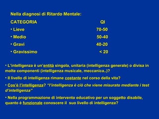 Nella diagnosi di Ritardo Mentale:Nella diagnosi di Ritardo Mentale:
CATEGORIA QICATEGORIA QI
• Lieve 70-50Lieve 70-50
• Medio 50-40Medio 50-40
• Gravi 40-20Gravi 40-20
• Gravissimo < 20Gravissimo < 20
• L’intelligenza è un’L’intelligenza è un’entitàentità singola, unitaria (intelligenza generale) o divisa insingola, unitaria (intelligenza generale) o divisa in
molte componenti (intelligenza musicale, meccanica..)?molte componenti (intelligenza musicale, meccanica..)?
• Il livello di intelligenza rimaneIl livello di intelligenza rimane costantecostante nel corso della vita?nel corso della vita?
• Cos’è l’intelligenzaCos’è l’intelligenza?? “l’intelligenza è ciò che viene misurato mediante i test“l’intelligenza è ciò che viene misurato mediante i test
d’intelligenza”d’intelligenza”
• Nella programmazione di intervento educativo per un soggetto disabile,Nella programmazione di intervento educativo per un soggetto disabile,
quanto èquanto è funzionalefunzionale conoscere il suo livello di intelligenza?conoscere il suo livello di intelligenza?
 