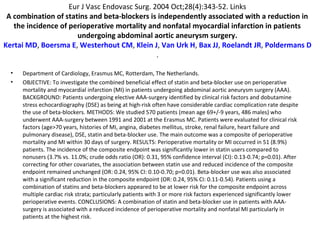 Eur J Vasc Endovasc Surg. 2004 Oct;28(4):343-52. Links
A combination of statins and beta-blockers is independently associated with a reduction in
the incidence of perioperative mortality and nonfatal myocardial infarction in patients
undergoing abdominal aortic aneurysm surgery.
Kertai MD, Boersma E, Westerhout CM, Klein J, Van Urk H, Bax JJ, Roelandt JR, Poldermans D
.
• Department of Cardiology, Erasmus MC, Rotterdam, The Netherlands.
• OBJECTIVE: To investigate the combined beneficial effect of statin and beta-blocker use on perioperative
mortality and myocardial infarction (MI) in patients undergoing abdominal aortic aneurysm surgery (AAA).
BACKGROUND: Patients undergoing elective AAA-surgery identified by clinical risk factors and dobutamine
stress echocardiography (DSE) as being at high-risk often have considerable cardiac complication rate despite
the use of beta-blockers. METHODS: We studied 570 patients (mean age 69+/-9 years, 486 males) who
underwent AAA-surgery between 1991 and 2001 at the Erasmus MC. Patients were evaluated for clinical risk
factors (age>70 years, histories of MI, angina, diabetes mellitus, stroke, renal failure, heart failure and
pulmonary disease), DSE, statin and beta-blocker use. The main outcome was a composite of perioperative
mortality and MI within 30 days of surgery. RESULTS: Perioperative mortality or MI occurred in 51 (8.9%)
patients. The incidence of the composite endpoint was significantly lower in statin users compared to
nonusers (3.7% vs. 11.0%; crude odds ratio (OR): 0.31, 95% confidence interval (CI): 0.13-0.74; p=0.01). After
correcting for other covariates, the association between statin use and reduced incidence of the composite
endpoint remained unchanged (OR: 0.24, 95% CI: 0.10-0.70; p=0.01). Beta-blocker use was also associated
with a significant reduction in the composite endpoint (OR: 0.24, 95% CI: 0.11-0.54). Patients using a
combination of statins and beta-blockers appeared to be at lower risk for the composite endpoint across
multiple cardiac risk strata; particularly patients with 3 or more risk factors experienced significantly lower
perioperative events. CONCLUSIONS: A combination of statin and beta-blocker use in patients with AAA-
surgery is associated with a reduced incidence of perioperative mortality and nonfatal MI particularly in
patients at the highest risk.
 