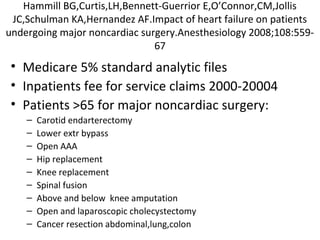 Hammill BG,Curtis,LH,Bennett-Guerrior E,O’Connor,CM,Jollis
JC,Schulman KA,Hernandez AF.Impact of heart failure on patients
undergoing major noncardiac surgery.Anesthesiology 2008;108:559-
67
• Medicare 5% standard analytic files
• Inpatients fee for service claims 2000-20004
• Patients >65 for major noncardiac surgery:
– Carotid endarterectomy
– Lower extr bypass
– Open AAA
– Hip replacement
– Knee replacement
– Spinal fusion
– Above and below knee amputation
– Open and laparoscopic cholecystectomy
– Cancer resection abdominal,lung,colon
 