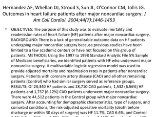 Hernandez AF, Whellan DJ, Stroud S, Sun JL, O’Connor CM, Jollis JG.
Outcomes in heart failure patients after major noncardiac surgery. J
Am Coll Cardiol. 2004;44(7):1446-1453
• OBJECTIVES: The purpose of this study was to evaluate mortality and
readmission rates of heart failure (HF) patients after major noncardiac surgery.
BACKGROUND: There is a lack of generalizable outcome data on HF patients
undergoing major noncardiac surgery because previous studies have been
limited to a few academic centers or have not focused on this group of
patients. METHODS: Using the 1997 to 1998 Standard Analytic File 5% Sample
of Medicare beneficiaries, we identified patients with HF who underwent major
noncardiac surgery. A multivariable logistic regression model was used to
provide adjusted mortality and readmission rates in patients after noncardiac
surgery. Patients with coronary artery disease (CAD) and all other remaining
patients (Control) who had similar surgery served as reference groups.
RESULTS: Of 23,340 HF patients and 28,710 CAD patients, 1,532 (6.56%) HF
patients and 1,757 (6.12%) CAD patients underwent major noncardiac surgery.
There were 44,512 patients in the Control group with major noncardiac
surgery. After accounting for demographic characteristics, type of surgery, and
comorbid conditions, the risk-adjusted operative mortality (death before
discharge or within 30 days of surgery) was HF 11.7%, CAD 6.6%, and Control
 