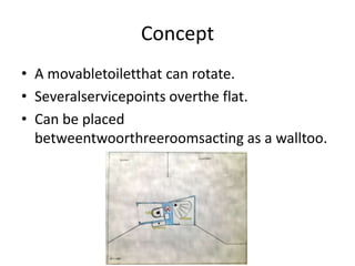 Concept
• A movabletoiletthat can rotate.
• Severalservicepoints overthe flat.
• Can be placed
betweentwoorthreeroomsacting as a walltoo.

 