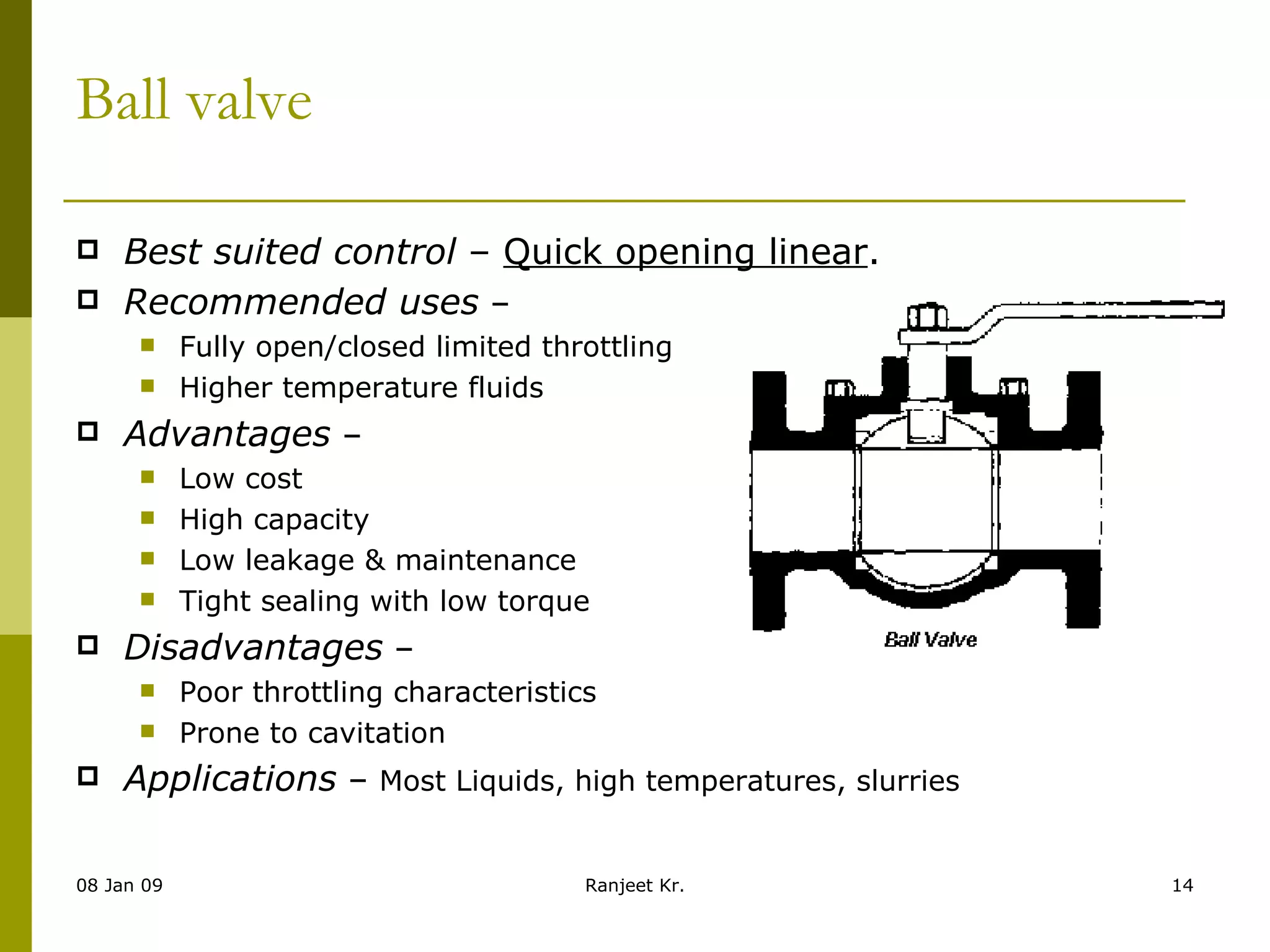Ball valve Best suited control  –  Quick opening linear . Recommended uses  –  Fully open/closed limited throttling Higher temperature fluids Advantages  –  Low cost High capacity Low leakage & maintenance Tight sealing with low torque Disadvantages  –  Poor throttling characteristics Prone to cavitation Applications  –  Most Liquids, high temperatures, slurries 