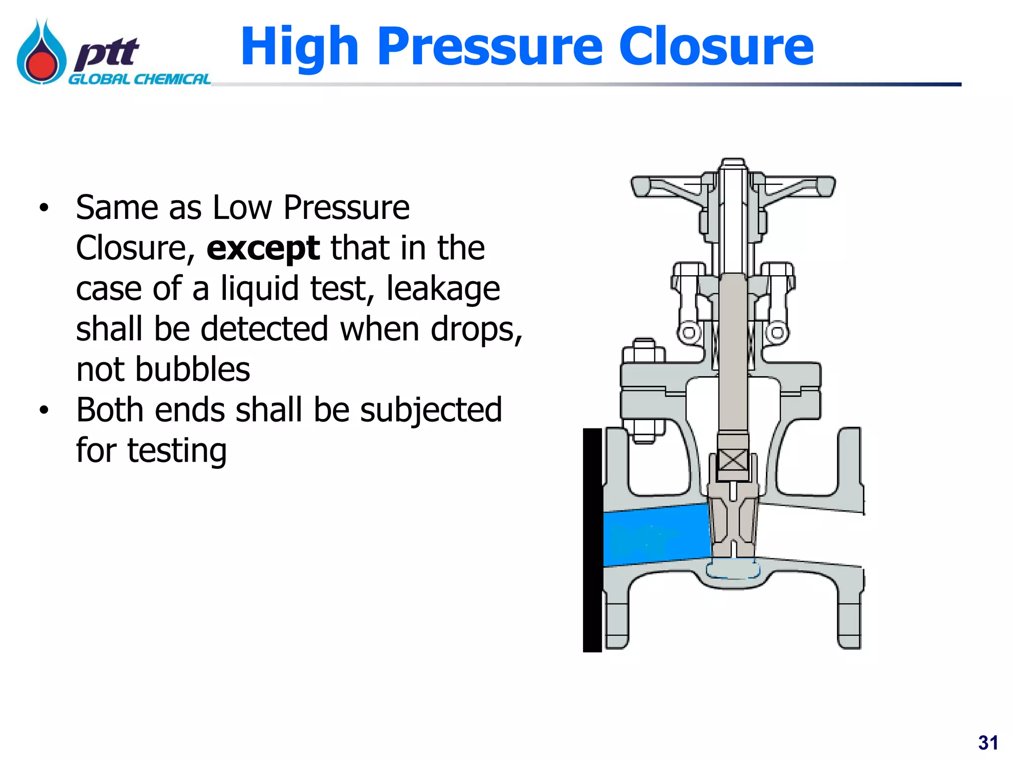 31
High Pressure Closure
• Same as Low Pressure
Closure, except that in the
case of a liquid test, leakage
shall be detected when drops,
not bubbles
• Both ends shall be subjected
for testing
 