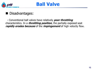 13
Ball Valve
 Disadvantages:
- Conventional ball valves have relatively poor throttling
characteristics. In a throttling position, the partially exposed seat
rapidly erodes because of the impingement of high velocity flow.
 