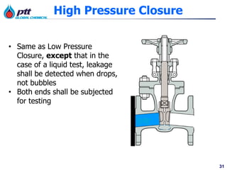 31
High Pressure Closure
• Same as Low Pressure
Closure, except that in the
case of a liquid test, leakage
shall be detected when drops,
not bubbles
• Both ends shall be subjected
for testing
 