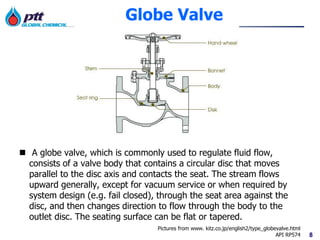 8
Globe Valve
 A globe valve, which is commonly used to regulate fluid flow,
consists of a valve body that contains a circular disc that moves
parallel to the disc axis and contacts the seat. The stream flows
upward generally, except for vacuum service or when required by
system design (e.g. fail closed), through the seat area against the
disc, and then changes direction to flow through the body to the
outlet disc. The seating surface can be flat or tapered.
Pictures from www. kitz.co.jp/english2/type_globevalve.html
API RP574
 