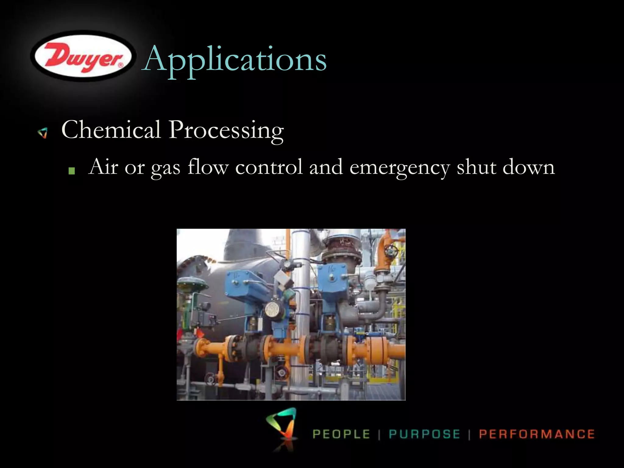 Applications 
Chemical Processing 
Air or gas flow control and emergency shut down 
 