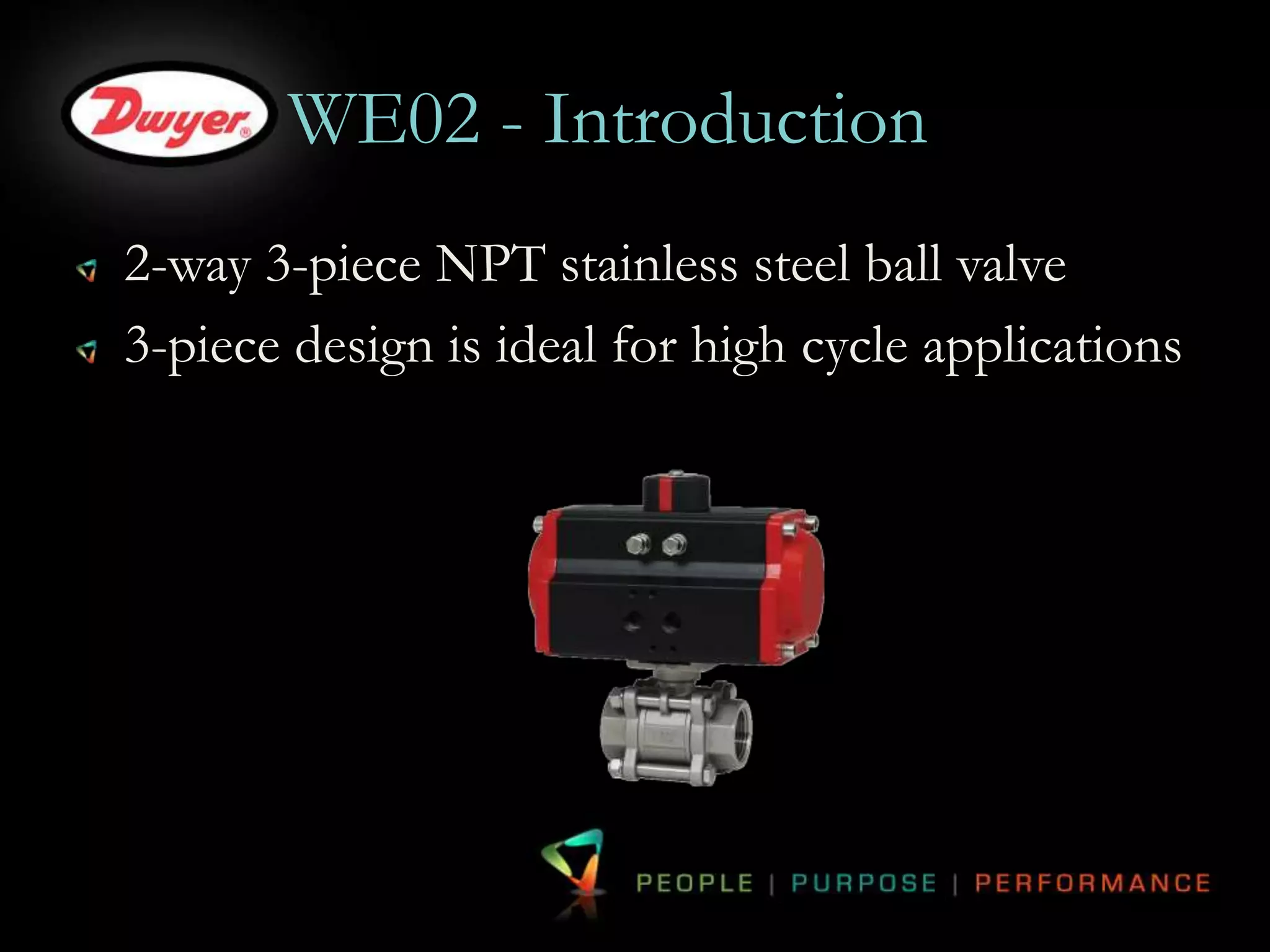 WE02 - Introduction 
2-way 3-piece NPT stainless steel ball valve 
3-piece design is ideal for high cycle applications 
 
