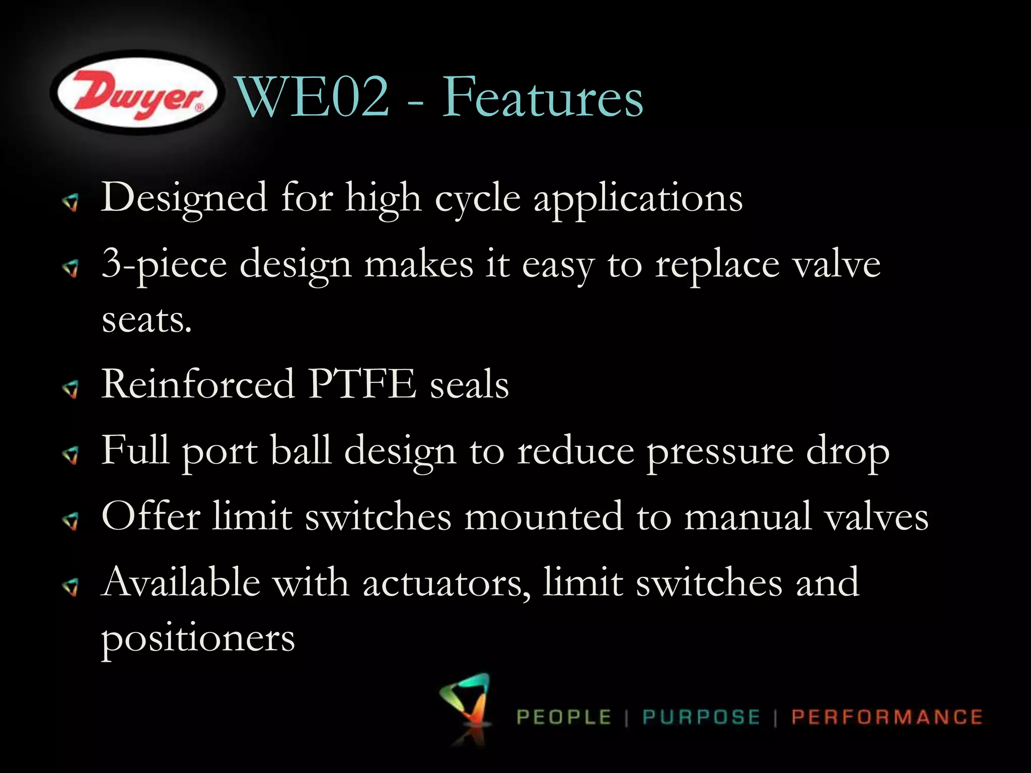 WE02 - Features 
Designed for high cycle applications 
3-piece design makes it easy to replace valve 
seats. 
Reinforced PTFE seals 
Full port ball design to reduce pressure drop 
Offer limit switches mounted to manual valves 
Available with actuators, limit switches and 
positioners 
 