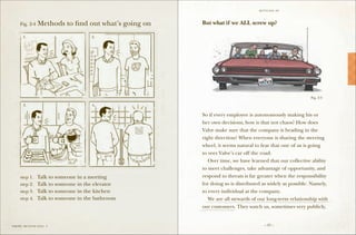 S ettling in




     Fig. 2-4     Methods to find out what’s going on   But what if we ALL screw up?

        1.                             2.




                                                                                                          Fig. 2-5

        3.                             4.

                                                        So if every employee is autonomously making his or
                                                        her own decisions, how is that not chaos? How does
                                                        Valve make sure that the company is heading in the
                                                        right direction? When everyone is sharing the steering
                                                        wheel, it seems natural to fear that one of us is going
                                                        to veer Valve’s car off the road.
                                                        	 Over time, we have learned that our collective ability
                                                        to meet challenges, take advantage of opportunity, and
     step 1.	     Talk to someone in a meeting          respond to threats is far greater when the responsibility
     step 2.	     Talk to someone in the elevator       for doing so is distributed as widely as possible. Namely,
     step 3.	     Talk to someone in the kitchen        to every individual at the company.
     step 4.	     Talk to someone in the bathroom       	 We are all stewards of our long-term relationship with
                                                        our customers. They watch us, sometimes very publicly,


VA LV E ME THOD D IA G . 2                                                           – 23 –
 