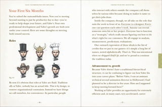 VALVE: H ANDBO O K FO R NEW EMP LO YEE s                              CH O O S E Y O U R O W N ADV E N TU RE




Your First Six Months                                              who interact with others outside the company call them-
                                                                   selves by various titles because doing so makes it easier to
You’ve solved the nuts-and-bolts issues. Now you’re moving         get their jobs done.
beyond wanting to just be productive day to day­ you’re
                                                —                  	 Inside the company, though, we all take on the role that
ready to help shape your future, and Valve’s. Your own             suits the work in front of us. Everyone is a designer. Every-
professional development and Valve’s growth are both now           one can question each other’s work. Anyone can recruit
under your control. Here are some thoughts on steering             someone onto his or her project. Everyone has to function
both toward success.                                               as a “strategist,” which really means figuring out how to do
                                                                   what’s right for our customers. We all engage in analysis,
Roles                                                              measurement, predictions, evaluations.
                                                                   	 One outward expression of these ideals is the list of
                                                                   credits that we put in our games—it’s simply a long list of
                                                                   names, sorted alphabetically. That’s it. This was intentional
                                                                   when we shipped Half-Life, and we’re proud to continue
                                                                   the tradition today.

                                                                   Advancement vs. growth
                                                                   Because Valve doesn’t have a traditional hierarchical
                                                                   structure, it can be confusing to figure out how Valve fits
Fig. 4-1
                                                                   into your career plans. “Before Valve, I was an assistant
                                                                   technical second animation director in Hollywood. I had
By now it’s obvious that roles at Valve are fluid. Tradition-      planned to be a director in five years. How am I supposed
ally at Valve, nobody has an actual title. This is by design, to   to keep moving forward here?”
remove organizational constraints. Instead we have things          	 Working at Valve provides an opportunity for extremely
we call ourselves, for convenience. In particular, people          efficient and, in many cases, very accelerated, career


                                 – 36 –                                                              – 37 –
 