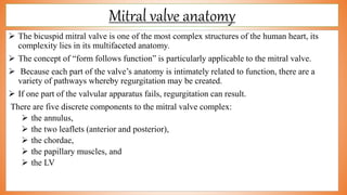 Mitral valve anatomy
 The bicuspid mitral valve is one of the most complex structures of the human heart, its
complexity lies in its multifaceted anatomy.
 The concept of “form follows function” is particularly applicable to the mitral valve.
 Because each part of the valve’s anatomy is intimately related to function, there are a
variety of pathways whereby regurgitation may be created.
 If one part of the valvular apparatus fails, regurgitation can result.
There are five discrete components to the mitral valve complex:
 the annulus,
 the two leaflets (anterior and posterior),
 the chordae,
 the papillary muscles, and
 the LV
 