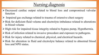 Nursing diagnosis
 Decreased cardiac output related to blood loss and compromised valvular
function
 Impaired gas exchange related to trauma of extensive chest surgery
 Risk for deficient fluid volume and electrolyte imbalance related to alterations
in blood volume
 High risk for impaired tissue integrity related to bypass pump, Hypothermia.
 Risk of infection related to invasive procedure and exposure to pathogens.
 Risk for injury related to chemical, physical, and electrical hazards.
 Risk for alteration in fluid and electrolyte balance related to abnormal blood
loss and NPO status.
 