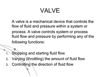 VALVE
     A valve is a mechanical device that controls the
     flow of fluid and pressure within a system or
     process. A valve controls system or process
     fluid flow and pressure by performing any of the
     following functions:

1.   Stopping and starting fluid flow
2.   Varying (throttling) the amount of fluid flow
3.   Controlling the direction of fluid flow
 