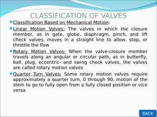 CLASSIFICATION OF VALVES
Classification Based on Mechanical Motion:
Linear Motion Valves: The valves in which the closure
member, as in gate, globe, diaphragm, pinch, and lift
check valves, moves in a straight line to allow, stop, or
throttle the flow
Rotary Motion Valves: When the valve-closure member
travels along an angular or circular path, as in butterfly,
ball, plug, eccentric- and swing check valves, the valves
are called rotary motion valves
Quarter Turn Valves: Some rotary motion valves require
approximately a quarter turn, 0 through 90, motion of the
stem to go to fully open from a fully closed position or vice
versa
BACK
 