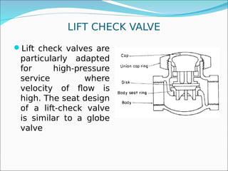 LIFT CHECK VALVE
Lift check valves are
particularly adapted
for high-pressure
service where
velocity of flow is
high. The seat design
of a lift-check valve
is similar to a globe
valve
 