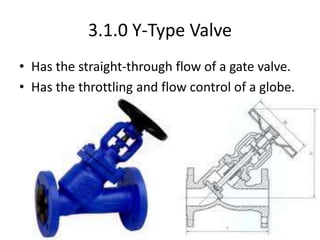 3.1.0 Y-Type Valve
• Has the straight-through flow of a gate valve.
• Has the throttling and flow control of a globe.
 