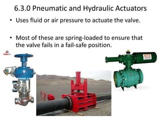 6.3.0 Pneumatic and Hydraulic Actuators
• Uses fluid or air pressure to actuate the valve.
• Most of these are spring-loaded to ensure that
the valve fails in a fail-safe position.
 