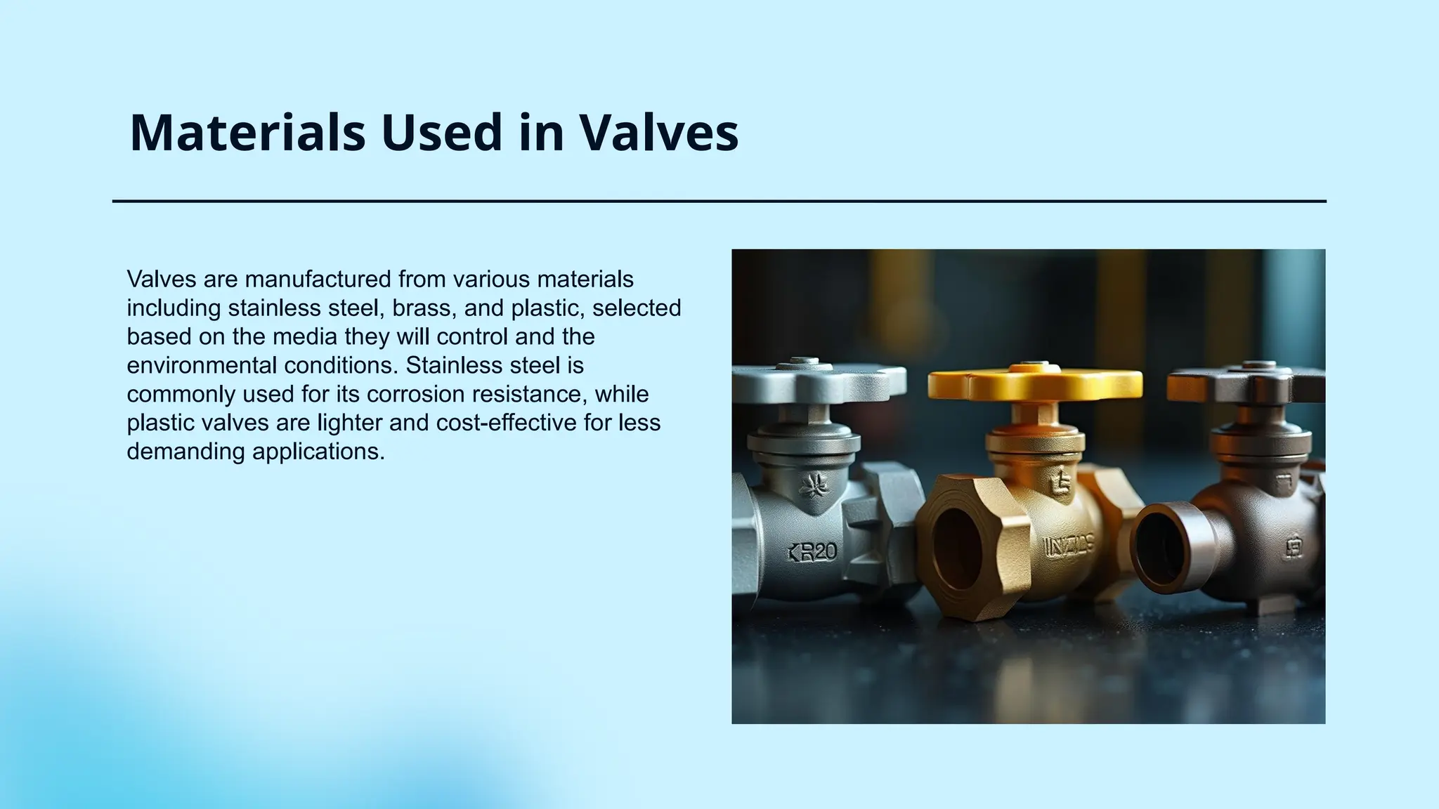 Materials Used in Valves
Valves are manufactured from various materials
including stainless steel, brass, and plastic, selected
based on the media they will control and the
environmental conditions. Stainless steel is
commonly used for its corrosion resistance, while
plastic valves are lighter and cost-effective for less
demanding applications.
 
