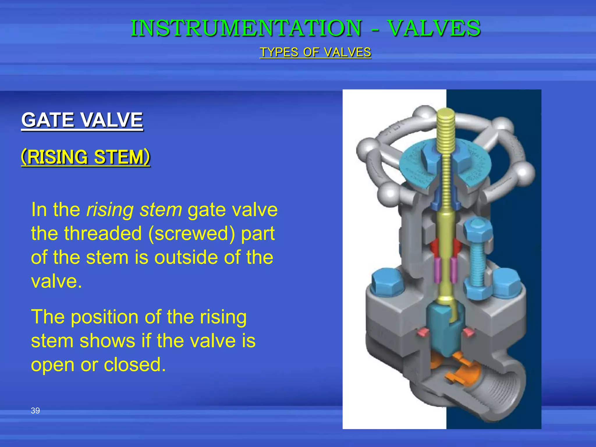 39
GATE VALVE
(RISING STEM)
In the rising stem gate valve
the threaded (screwed) part
of the stem is outside of the
valve.
The position of the rising
stem shows if the valve is
open or closed.
INSTRUMENTATION - VALVES
TYPES OF VALVES
 