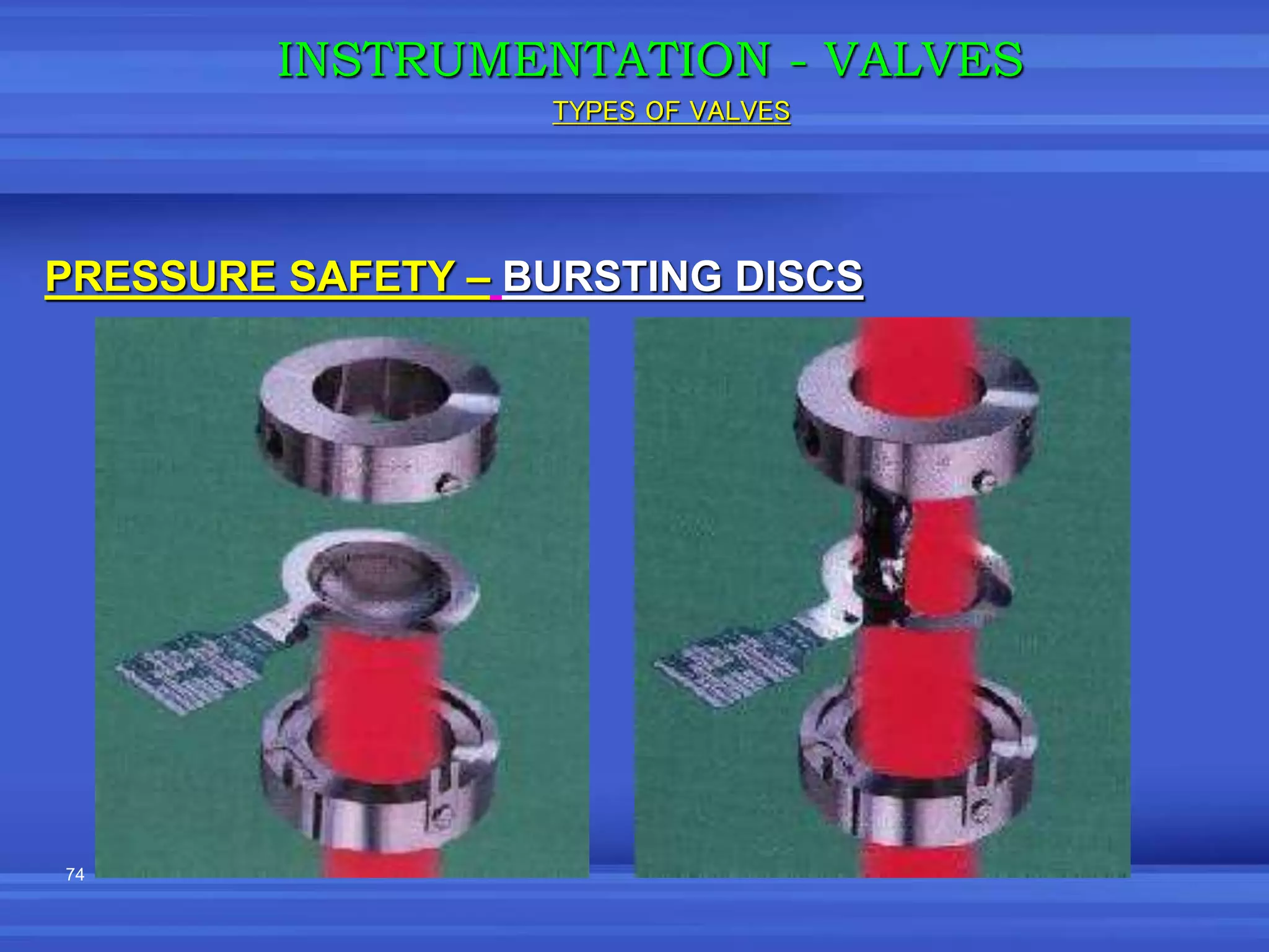 74
PRESSURE SAFETY – BURSTING DISCS
INSTRUMENTATION - VALVES
TYPES OF VALVES
 