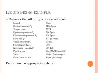 LIQUID SIZING EXAMPLE
 Consider the following service conditions:
Determine the appropriate valve size.
 