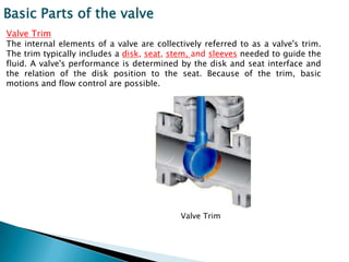 Basic Parts of the valve
Valve Trim
The internal elements of a valve are collectively referred to as a valve's trim.
The trim typically includes a disk, seat, stem, and sleeves needed to guide the
fluid. A valve's performance is determined by the disk and seat interface and
the relation of the disk position to the seat. Because of the trim, basic
motions and flow control are possible.




                                            Valve Trim
 