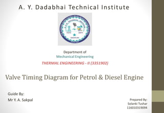 Valve Timing Diagram for Petrol & Diesel Engine
Guide By:
Mr Y. A. Sakpal Prepared By:
Solanki Tushar
116010319094
A. Y. Dadabhai Technical Institute
Department of
Mechanical Engineering
THERMAL ENGINEERING - II (3351902)
 
