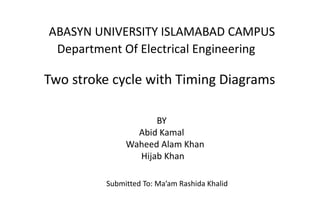 ABASYN UNIVERSITY ISLAMABAD CAMPUS
Department Of Electrical Engineering
Two stroke cycle with Timing Diagrams
BY
Abid Kamal
Waheed Alam Khan
Hijab Khan
Submitted To: Ma’am Rashida Khalid
 