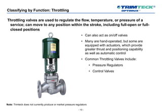 - 10 -
Classifying by Function: Throttling
Throttling valves are used to regulate the flow, temperature, or pressure of a
service; can move to any position within the stroke, including full-open or full-
closed positions
• Can also act as on/off valves
• Many are hand-operated, but some are
equipped with actuators, which provide
greater thrust and positioning capability
as well as automatic control
• Common Throttling Valves Include:
• Pressure Regulators
• Control Valves
Note: Trimteck does not currently produce or market pressure regulators
 