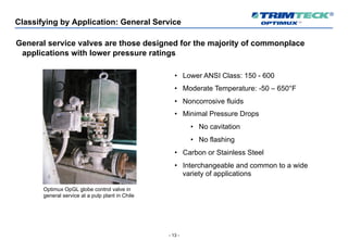 - 13 -
Classifying by Application: General Service
General service valves are those designed for the majority of commonplace
applications with lower pressure ratings
• Lower ANSI Class: 150 - 600
• Moderate Temperature: -50 – 650°F
• Noncorrosive fluids
• Minimal Pressure Drops
• No cavitation
• No flashing
• Carbon or Stainless Steel
• Interchangeable and common to a wide
variety of applications
Optimux OpGL globe control valve in
general service at a pulp plant in Chile
 