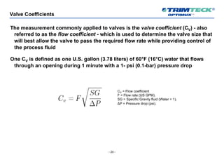 - 20 -
Valve Coefficients
The measurement commonly applied to valves is the valve coefficient (CV) - also
referred to as the flow coefficient - which is used to determine the valve size that
will best allow the valve to pass the required flow rate while providing control of
the process fluid
One CV is defined as one U.S. gallon (3.78 liters) of 60°F (16°C) water that flows
through an opening during 1 minute with a 1- psi (0.1-bar) pressure drop
CV = Flow coefficient
F = Flow rate (US GPM).
SG = Specific Gravity fluid (Water = 1).
ΔP = Pressure drop (psi).
 