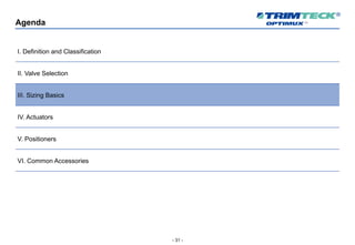 - 31 -
Agenda
I. Definition and Classification
II. Valve Selection
III. Sizing Basics
IV. Actuators
V. Positioners
VI. Common Accessories
 