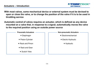 - 35 -
Actuators – Introduction
With most valves, some mechanical device or external system must be devised to
open or close the valve, or to change the position of the valve if it is to be used in
throttling service
Automatic control of valves requires an actuator, which is defined as any device
mounted on a valve that, in response to a signal, automatically moves the valve
to the required position using an outside power source
¡ Diaphragm
¡ Piston-Cylinder
¡ Rack and Pinion
¡ Rack and Gear
¡ Scotch Yoke
Pneumatic Actuators
¡ Electromechanical
¡ Electro Hydraulic
¡ Hydraulic
Non-pneumatic Actuators
 