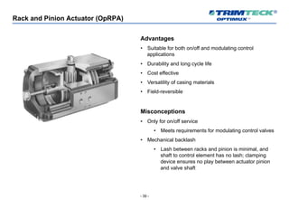 - 39 -
Rack and Pinion Actuator (OpRPA)
Advantages
• Suitable for both on/off and modulating control
applications
• Durability and long cycle life
• Cost effective
• Versatility of casing materials
• Field-reversible
Misconceptions
• Only for on/off service
• Meets requirements for modulating control valves
• Mechanical backlash
• Lash between racks and pinion is minimal, and
shaft to control element has no lash; clamping
device ensures no play between actuator pinion
and valve shaft
 