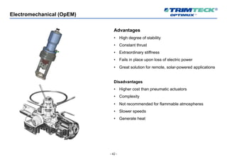 - 42 -
Electromechanical (OpEM)
Advantages
• High degree of stability
• Constant thrust
• Extraordinary stiffness
• Fails in place upon loss of electric power
• Great solution for remote, solar-powered applications
Disadvantages
• Higher cost than pneumatic actuators
• Complexity
• Not recommended for flammable atmospheres
• Slower speeds
• Generate heat
 