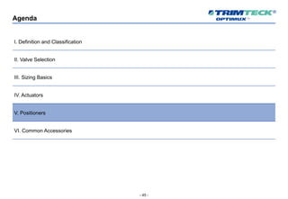 - 45 -
Agenda
I. Definition and Classification
II. Valve Selection
III. Sizing Basics
IV. Actuators
V. Positioners
VI. Common Accessories
 