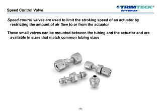- 59 -
Speed Control Valve
Speed control valves are used to limit the stroking speed of an actuator by
restricting the amount of air flow to or from the actuator
These small valves can be mounted between the tubing and the actuator and are
available in sizes that match common tubing sizes
 