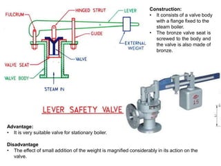 Advantage:
• It is very suitable valve for stationary boiler.
Disadvantage
• The effect of small addition of the weight is magnified considerably in its action on the
valve.
Construction:
• It consists of a valve body
with a flange fixed to the
steam boiler.
• The bronze valve seat is
screwed to the body and
the valve is also made of
bronze.
 